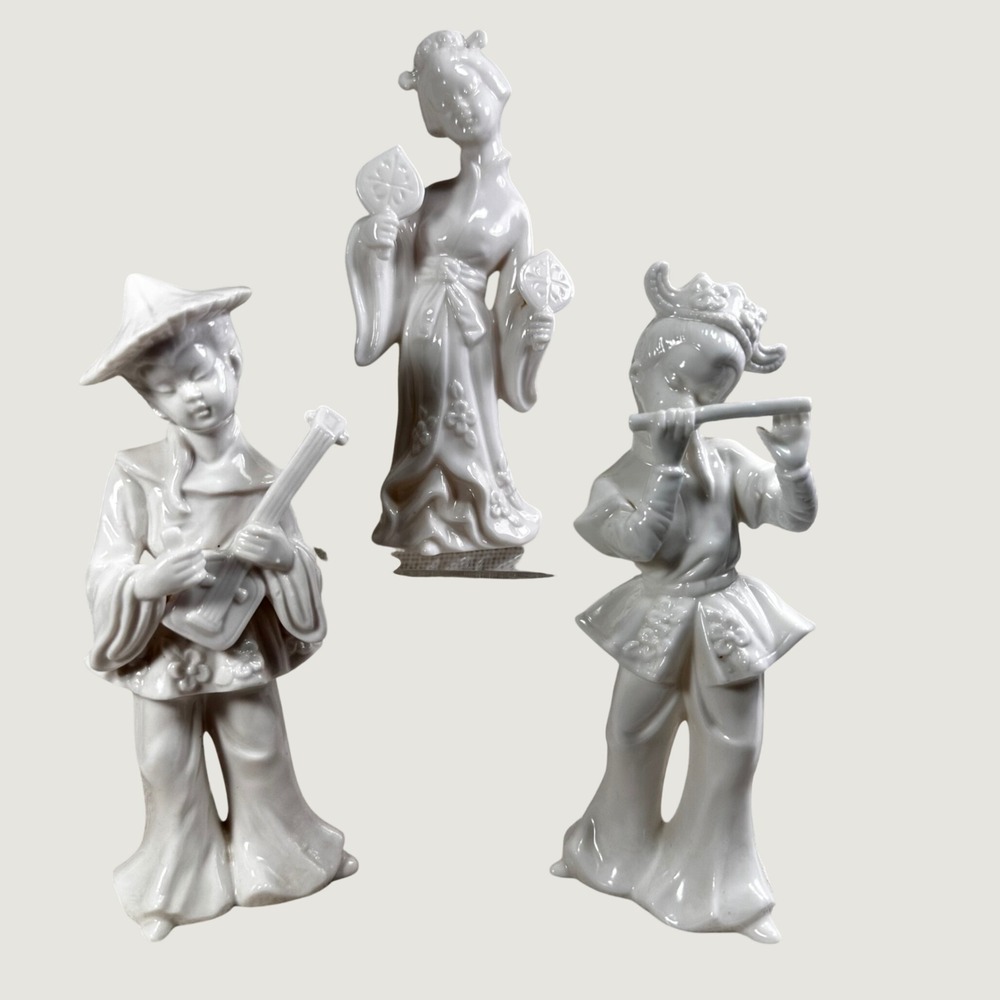 Vintage Japan White Porcelain Asian Musician Figurines‎ Set 3 Geisha Flute Lute